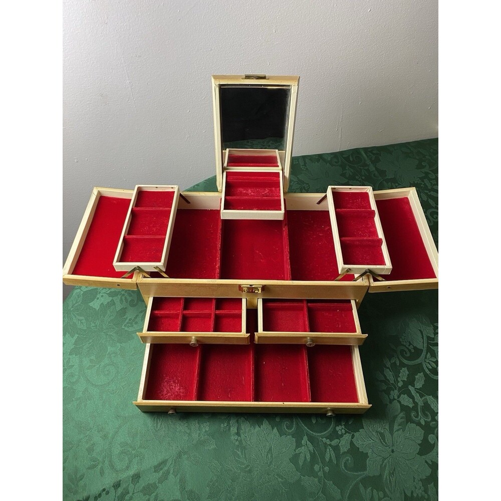 VTG Mele Cream Jewelry Box Red Velvet Lining 3 Tier Trays Mirror 2 Drawers MCM